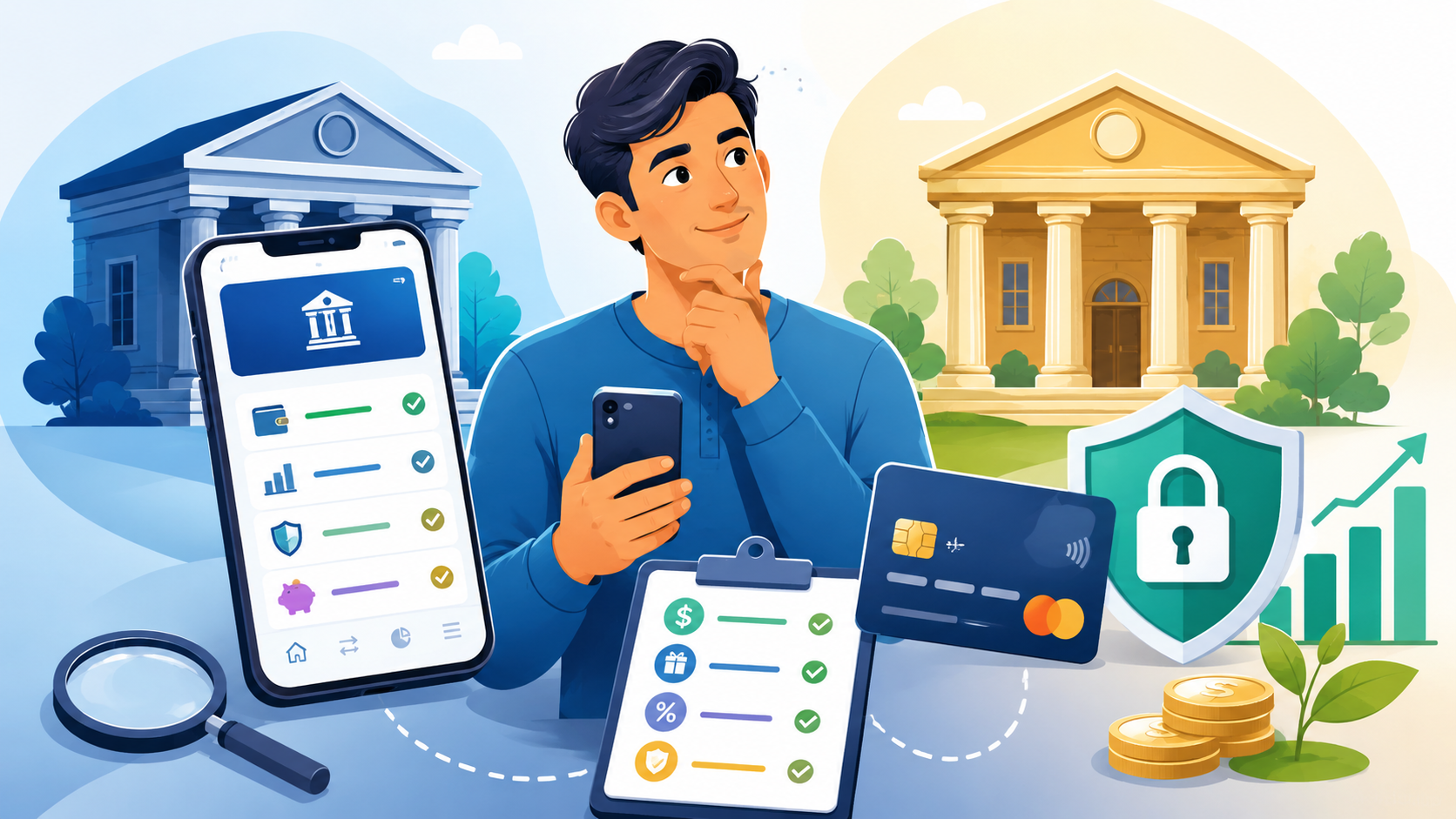 Illustration of a modern bank, mobile banking app, security shield, savings icon and fee checklist